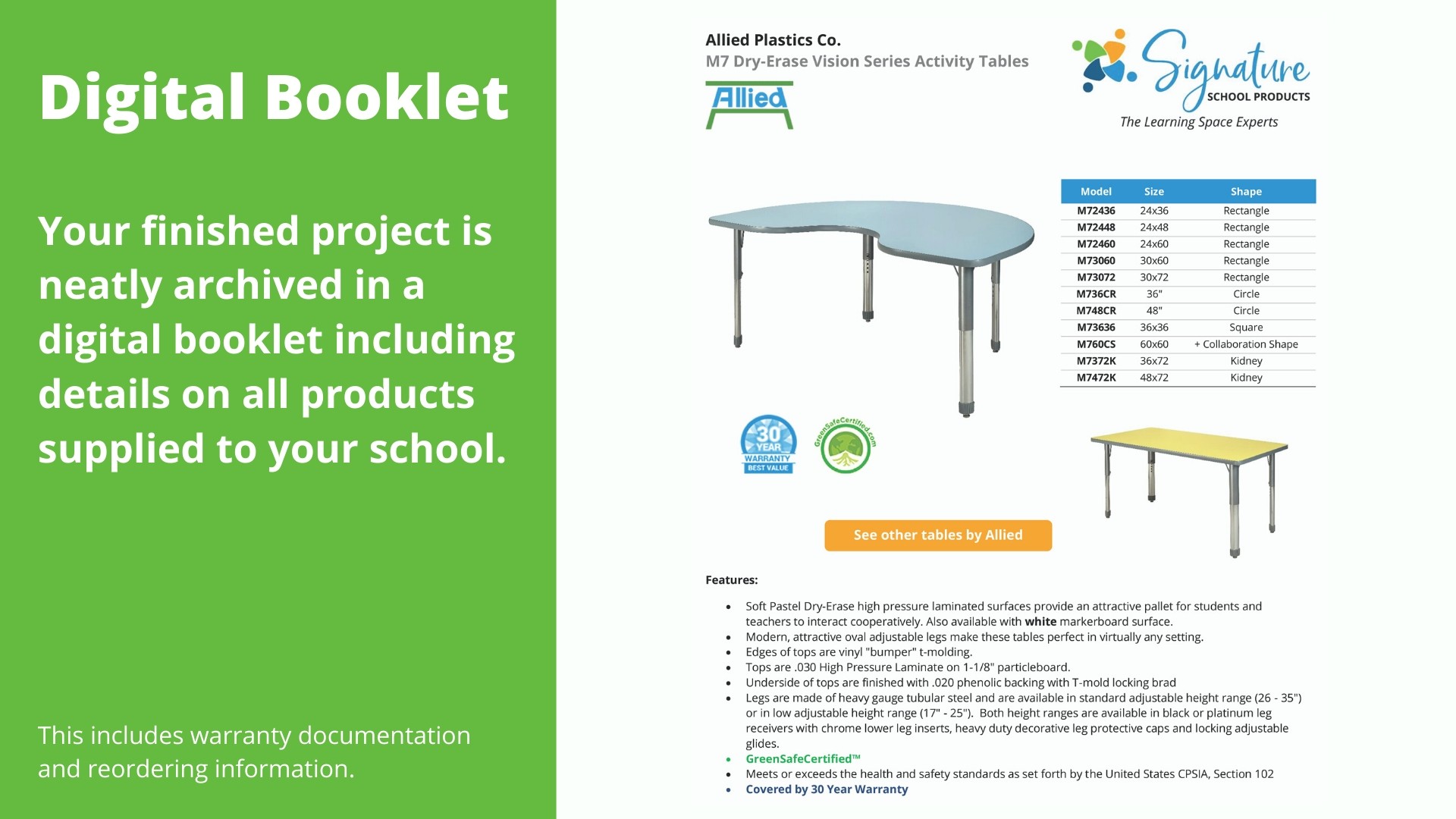 Your finished project is neatly archived in a digital booklet including details on all products supplied to your school, including warranty information